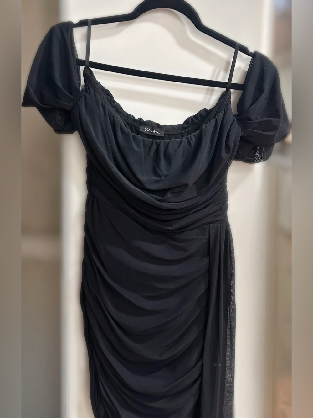YAYA & Co Black Mesh Scarf Mini Dress | Off-Shoulder | Size Medium